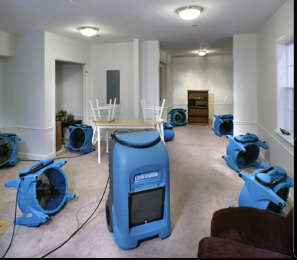 Air movers and dehumidifier setup for Water Damage Restoration in West Springfield Town